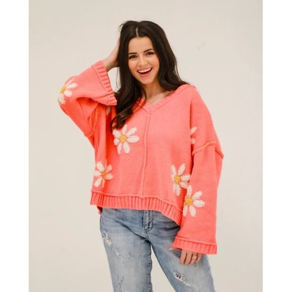 POL Oversized Sweater Women L Blooming Grace Coral Daisy Floral V-Neck Slouchy